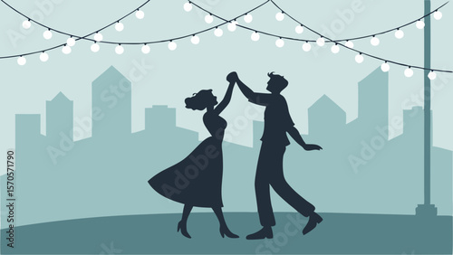 A silhouetted couple dances joyfully under a string of festive lights with a stylized cityscape in the background evoking a romantic evening celebration