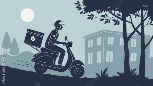 A stylized illustration of a delivery person riding a scooter with a large insulated box on the back navigating a street with trees and a building under a pale moonlit sky