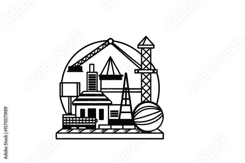 Construction site with crane building tower and sphere in black and white