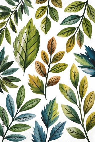 Watercolor botanical texture with various types of leaves in calm green tones