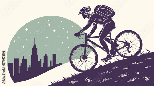 Silhouette of a cyclist with a backpack riding a bicycle up a grassy hill against a backdrop of a starry sky and city skyline illustration