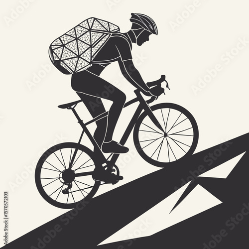 Silhouette of a cyclist wearing a helmet and a backpack with a geometric pattern riding a bicycle up a stylized hill with a shadow against a light background