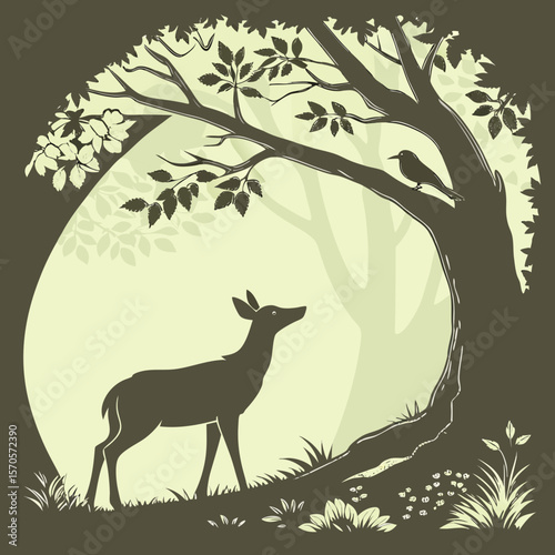 A graceful doe stands in a serene forest clearing beneath a large tree with a small bird perched on a branch evoking a sense of peaceful nature and wildlife