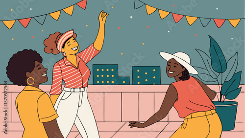 Three diverse women enjoying a rooftop party at night with city lights and festive bunting creating a joyful and celebratory atmosphere
