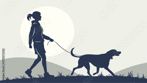 Silhouette of a woman walking her dog on a leash during a peaceful outdoor stroll against a large circular moon and rolling hills landscape