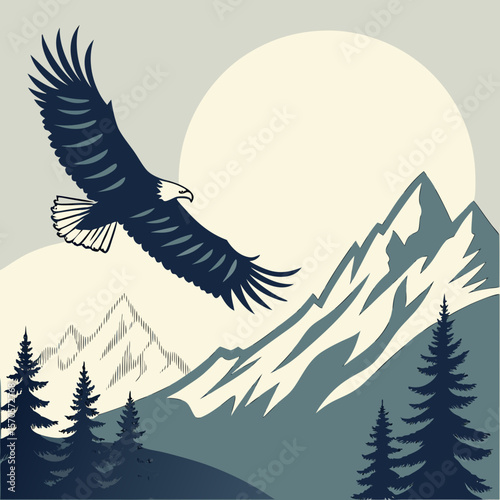 Majestic bald eagle soars through a serene mountain landscape under a pale sun symbolizing freedom nature and the wild spirit of the wilderness