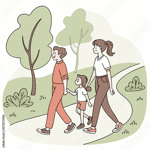 A happy family of three a father mother and daughter enjoy a leisurely walk together on a winding path through a park surrounded by trees and greenery on a beautiful day