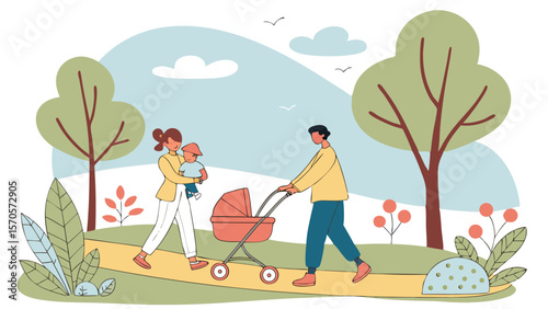 A modern family enjoys a stroll through a picturesque park on a sunny day with a baby in a stroller and a child in arms