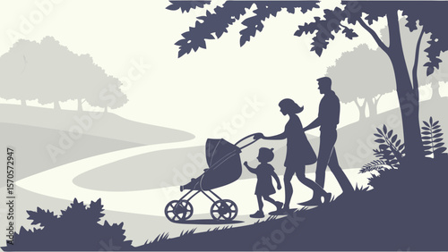 A family with a baby stroller and a young child walks along a park path under a large tree on a sunny day enjoying the outdoors and nature
