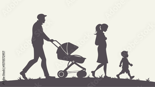 A silhouette of a family with a father pushing a stroller a pregnant mother and a young son walking together on a grassy path against a light background