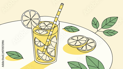 Refreshing yellow lemonade drink with lemon slices and a striped straw in a tall glass garnished with a lemon wheel and surrounded by scattered lemon slices and green leaves on a light colored surface