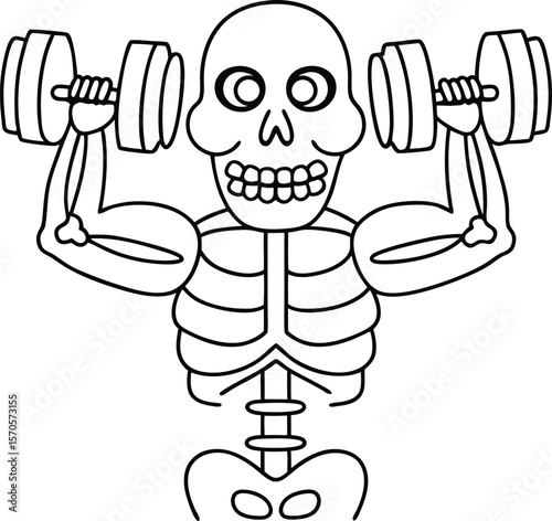 Skeleton lifting weights with muscular arms dumbbells