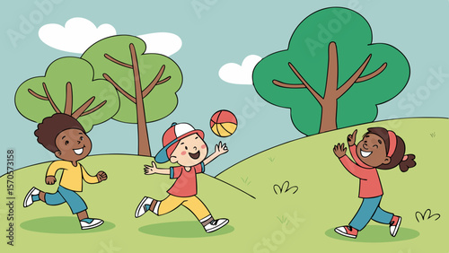 Three happy diverse children playing with a ball in a grassy park with trees and clouds on a sunny day enjoying outdoor activities and childhood fun