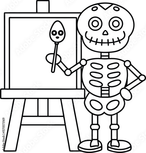 Skeleton painting on easel holding brush artist