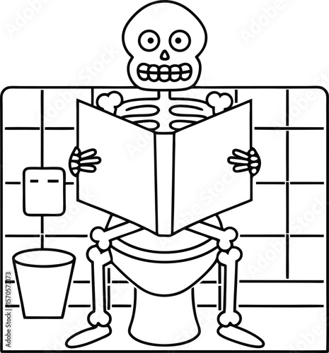Skeleton reading book on toilet with trash can bathroom vector