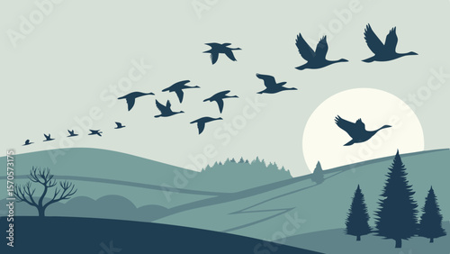 A flock of canada geese flies in formation across a serene landscape with rolling hills silhouetted trees and a large pale sun in the background during a tranquil dawn or dusk