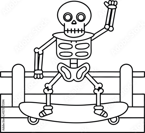 Skeleton riding skateboard on wooden ramp bones trick