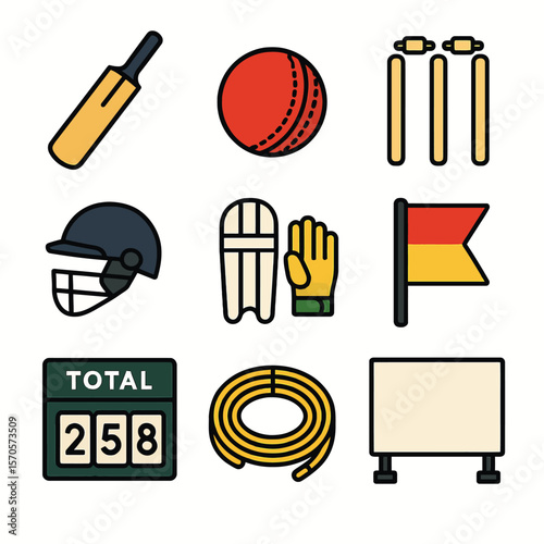 Collection of flat design icons representing cricket sports equipment and score