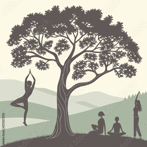 Serene outdoor yoga session with people practicing various poses under a large stylized tree silhouette amidst rolling hills and distant trees