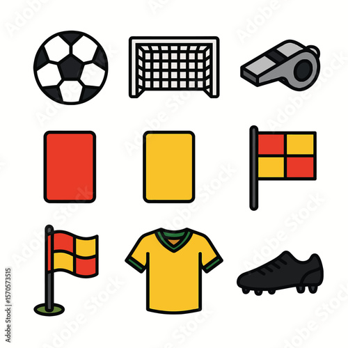 Collection of soccer game icons featuring ball goal whistle cards jersey and cleats