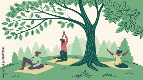 Diverse women practicing yoga and meditation outdoors under a large tree in a park embracing nature and wellness for a healthy lifestyle