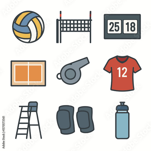Volleyball sport equipment icons for game play and training sessions