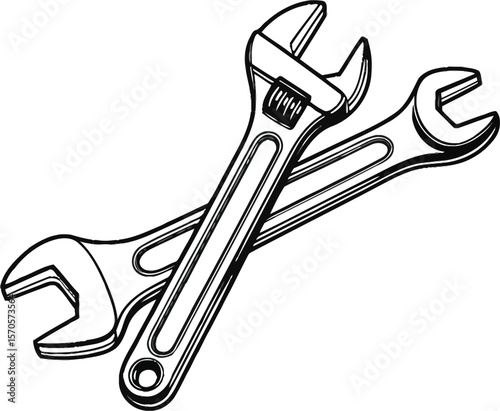 Two wrenches overlapping each other in a black and white illustration on a light gray background