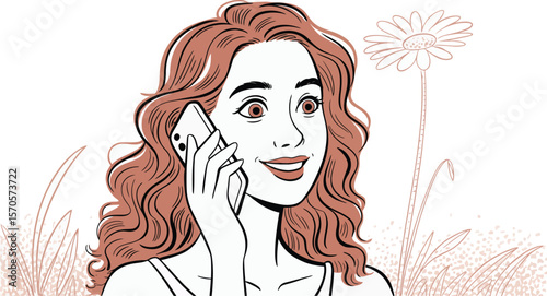 Woman with wavy hair talking on a phone in a field with a flower and grass illustration art