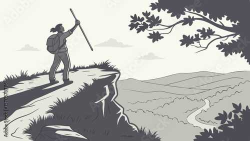 A solitary hiker with a backpack and walking stick stands triumphantly on a cliff edge gazing at a scenic landscape of rolling hills and a winding path below