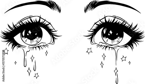 Cute crying anime girl eyes. Vector illustration