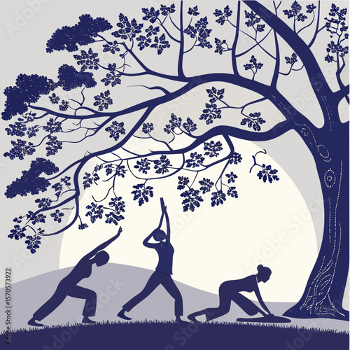 Three women practicing yoga in a serene natural setting beneath a large stylized tree with dark blue foliage and branches against a pale sky with a subtle sun