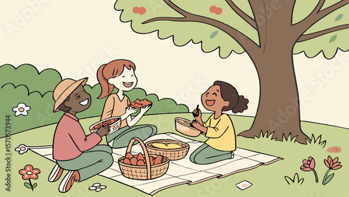 Three diverse children enjoying a joyful summer picnic together outdoors under a large tree with baskets of food and smiling faces