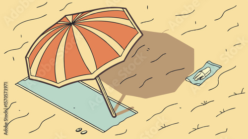 A whimsical illustration captures a beach scene with a striped orange umbrella casting a shadow on the sand a towel flip flops and a surprising dental implant