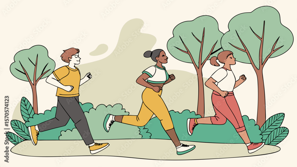 Obraz premium Diverse group of three friends enjoying a healthy outdoor run together through a scenic park on a bright sunny day surrounded by lush green trees and foliage