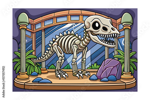 Cartoon Dinosaur Skeleton Displayed in a Museum with Glass Windows and Potted Plants on a Raised Platform