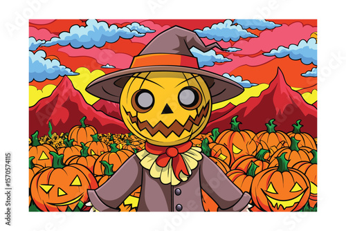 Whimsical Halloween Scene Pumpkin Scarecrow with Carved Jackolanterns Under a Colorful Sky Cartoon Illustration