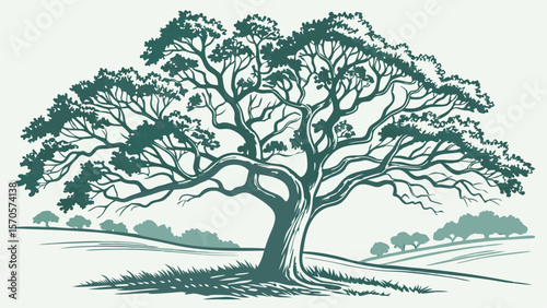 A majestic sprawling tree with intricate branches and lush foliage stands tall in a serene landscape with rolling hills and distant trees under a pale sky