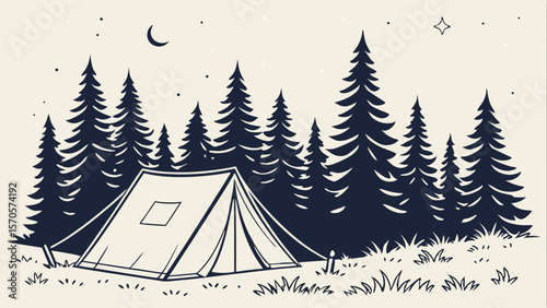 A solitary tent is pitched in a serene forest clearing under a starry night sky with a crescent moon and a single bright star