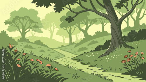 A charming stylized illustration of a winding dirt path through a lush green forest with trees foliage and small wildflowers creating a serene natural landscape