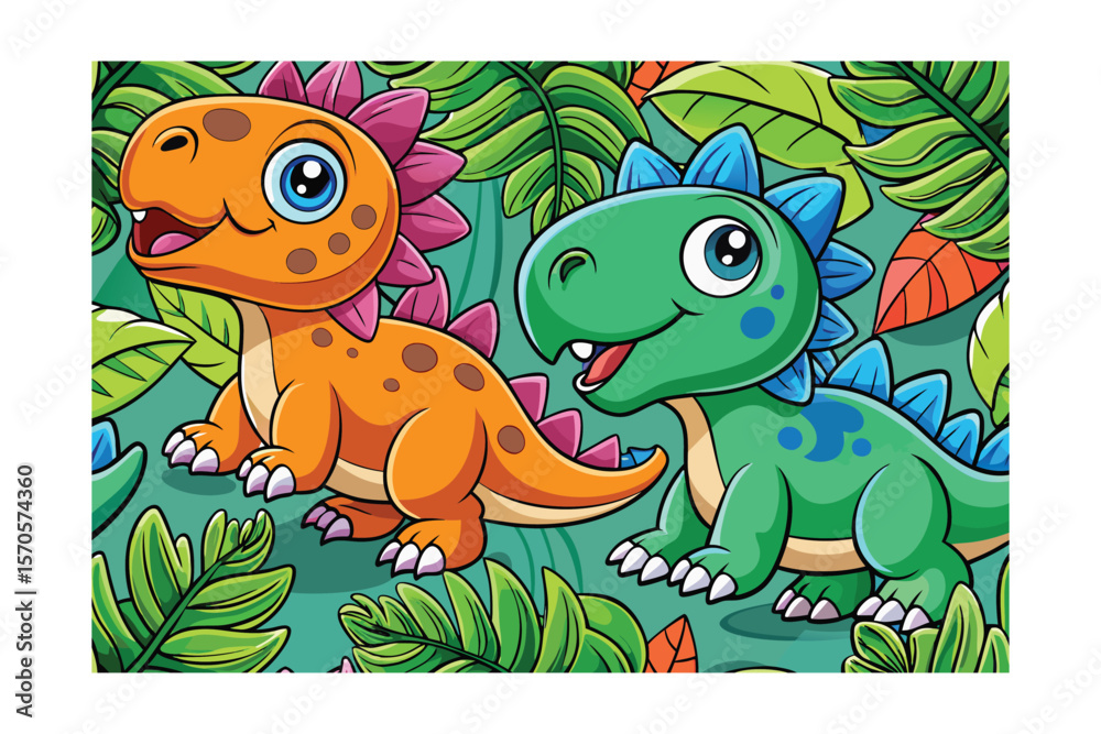 Naklejka premium Colorful Cartoon Dinosaurs in a Lush Jungle Setting Depicted with Vibrant Colors and Playful Details