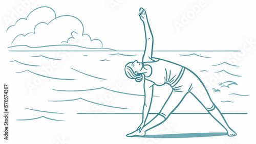 A woman in a simplified line drawing performs the triangle pose of yoga on a beach with stylized waves and clouds in the background