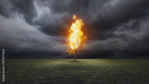 Tree Burning During Lightning Storm with Heavy Rainfall