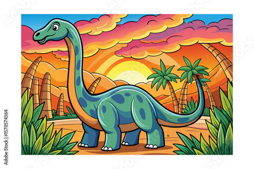 Apatosaurus Cartoon Character in a Prehistoric Landscape with Palm Trees and Colorful Sunset Sky Backdrop