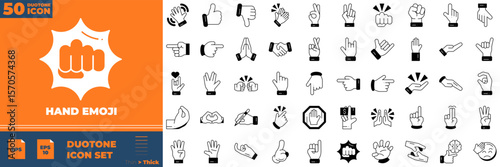 Hand Emoji Duotone Editable Icons set. Vector illustration in modern thin duotone style of hand emoji icons: Hands, handshakes, muscle, finger etc