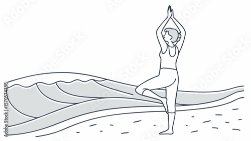 A woman in a minimalist line drawing performs the tree pose yoga asana on a sandy beach with stylized waves crashing in the background promoting balance and tranquility