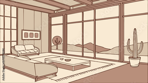 Modern living room interior with large windows showcasing a desert landscape with mountains a cactus and a minimalist seating area with sofas and a coffee table