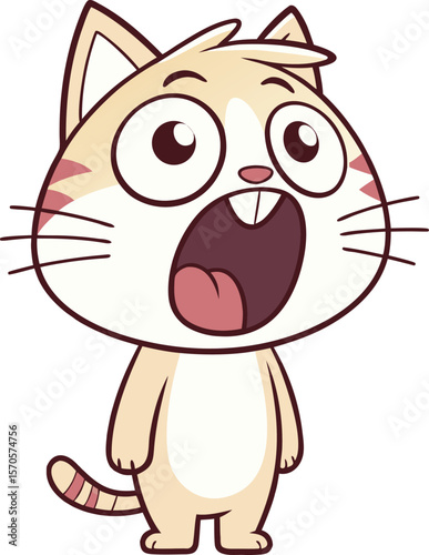 Startled cartoon cat with large eyes and open mouth expresses shock in the illustration