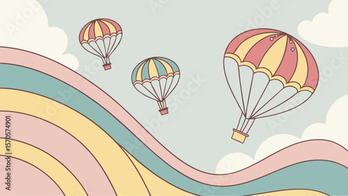 Three whimsical hot air balloons float serenely across a pastel sky accompanied by soft clouds and a gentle colorful wavy stripe design creating a dreamy and cheerful atmosphere