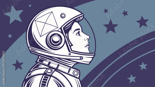 A stylized illustration of a female astronaut in profile wearing a retro futuristic helmet and suit looking upwards towards a starry sky with abstract cosmic elements