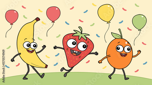 A cheerful cartoon illustration features a happy banana a joyful strawberry and a smiling orange walking together with colorful balloons floating above them and confetti scattered around